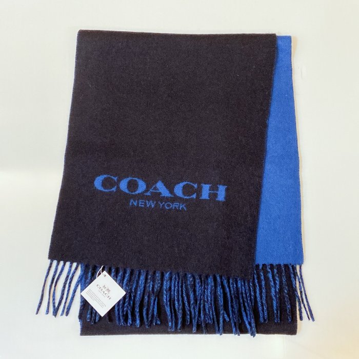 /COACH深藍色條紋羊毛披肩式大圍巾-兩面【76053-RI7】