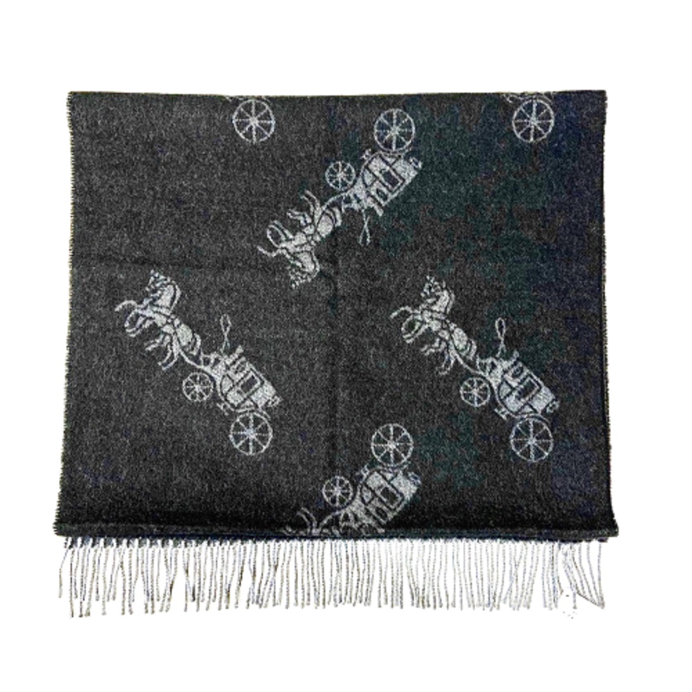/COACH黑色羊毛馬車圖案披肩式大圍巾-深淺色兩面設計76387